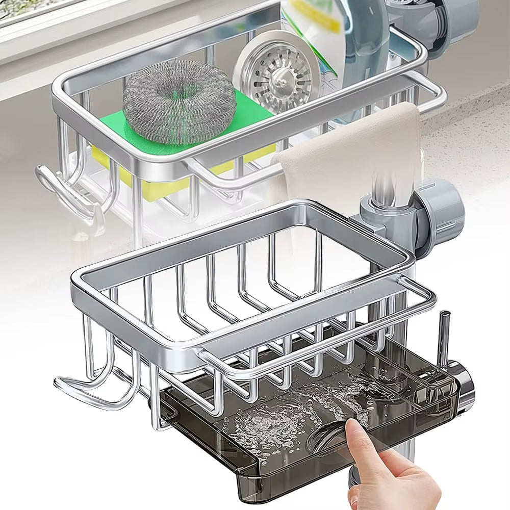 Kitchen Sink Faucet Organizer Dish Drain Rack, Rustproof Sponge Stand Adjustable Holder Sink Caddy Gadgets Storage Accessories