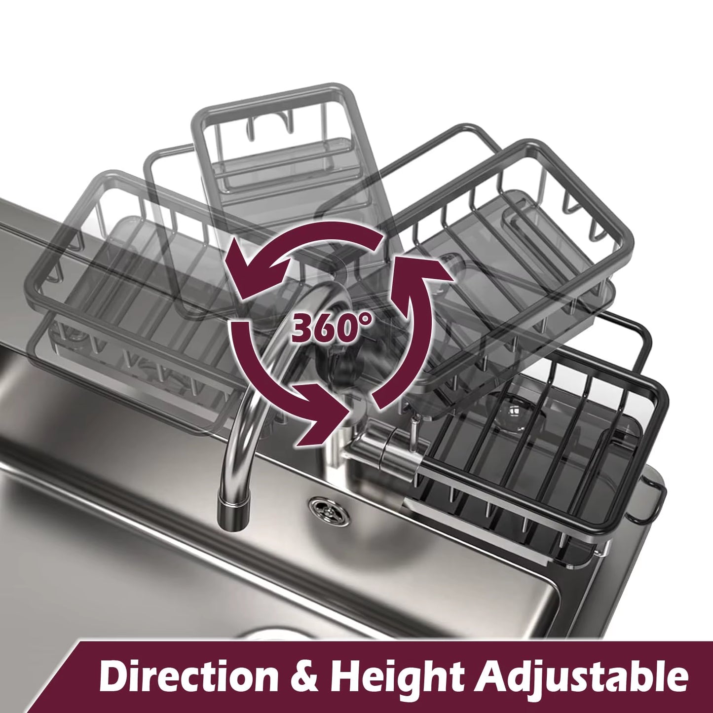 Kitchen Sink Faucet Organizer Dish Drain Rack, Rustproof Sponge Stand Adjustable Holder Sink Caddy Gadgets Storage Accessories