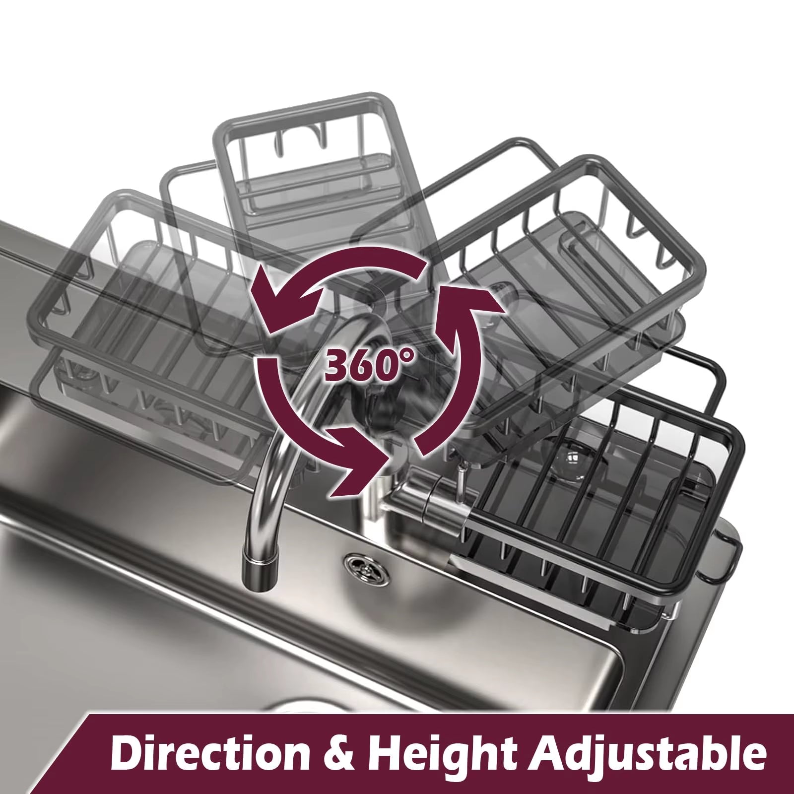 Kitchen Sink Faucet Organizer Dish Drain Rack, Rustproof Sponge Stand Adjustable Holder Sink Caddy Gadgets Storage Accessories