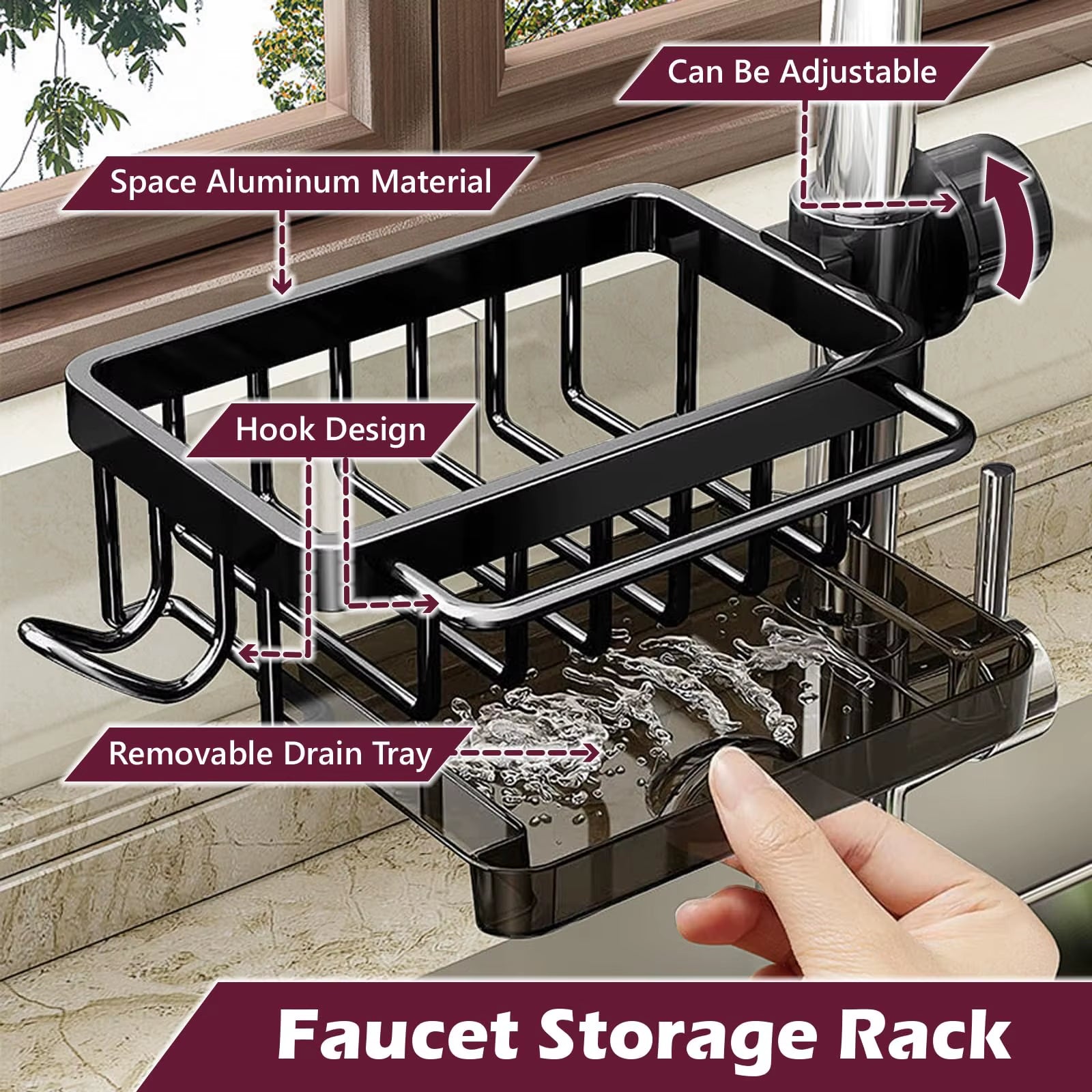 Kitchen Sink Faucet Organizer Dish Drain Rack, Rustproof Sponge Stand Adjustable Holder Sink Caddy Gadgets Storage Accessories