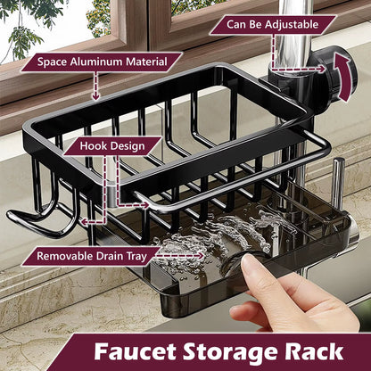 Kitchen Sink Faucet Organizer Dish Drain Rack, Rustproof Sponge Stand Adjustable Holder Sink Caddy Gadgets Storage Accessories